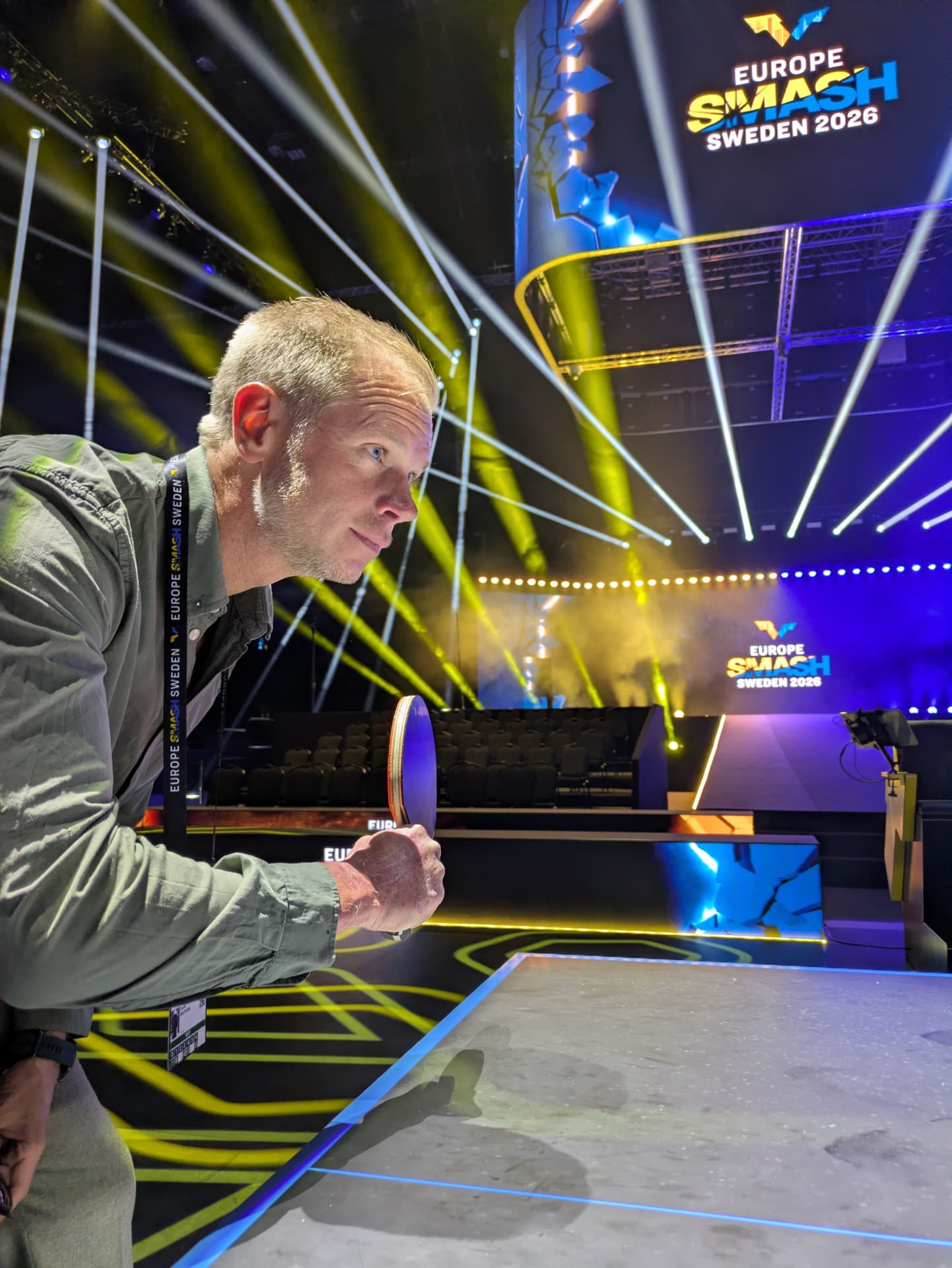 David at the table tennis table on the Europe Smash Sweden 2026 show court